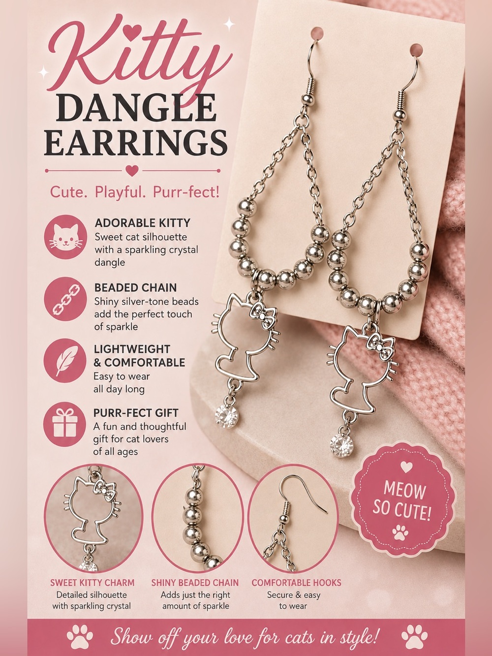 Kitty Dangle Earrings for - Silver